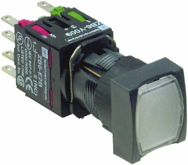 Schneider Electric - 16mm Mount Hole, Flush, Pushbutton Switch with Contact Block - Square, White Pushbutton, Illuminated, Momentary (MO) - Americas Industrial Supply