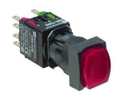 Schneider Electric - 16mm Mount Hole, Extended Straight, Pushbutton Switch with Contact Block - Square, Red Pushbutton, Illuminated, Momentary (MO) - Americas Industrial Supply