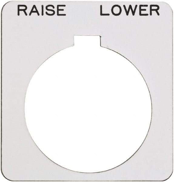 Schneider Electric - Square, Plastic Legend Plate - Raise-Lower - White Background, Black Letters, 1.22 Inch Hole Diameter, 1-3/4 Inch Square - Americas Industrial Supply