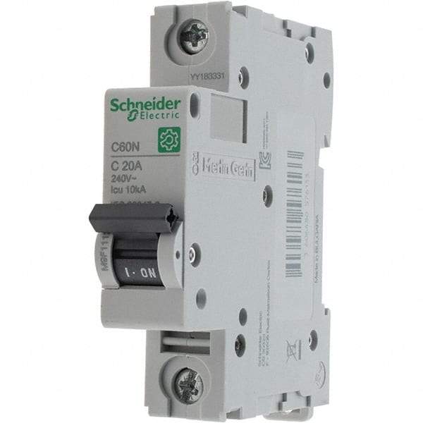 Schneider Electric - 20 Amp, 440 VAC, 1 Pole, DIN Rail Mounted Miniature Circuit Breaker - Magnetic Trip, Multiple Breaking Capacity Ratings, 18-4 AWG, 76mm Deep x 81mm High x 18mm Wide - Americas Industrial Supply