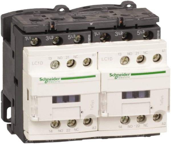 Schneider Electric - 3 Pole, 24 Coil VDC, 12 Amp at 440 VAC, Reversible IEC Contactor - 1 Phase hp: 1 at 115 VAC, 2 at 230/240 VAC, 3 Phase hp: 10 at 575/600 VAC, 3 at 200/208 VAC, 3 at 230/240 VAC, 7.5 at 460/480 VAC - Americas Industrial Supply