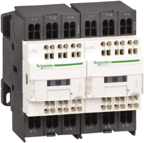 Schneider Electric - 3 Pole, 24 Coil VDC, 9 Amp at 440 VAC, Reversible IEC Contactor - 1 Phase hp: 0.5 at 115 VAC, 1 at 230/240 VAC, 3 Phase hp: 2 at 200/208 VAC, 2 at 230/240 VAC, 5 at 460/480 VAC, 7.5 at 575/600 VAC - Americas Industrial Supply