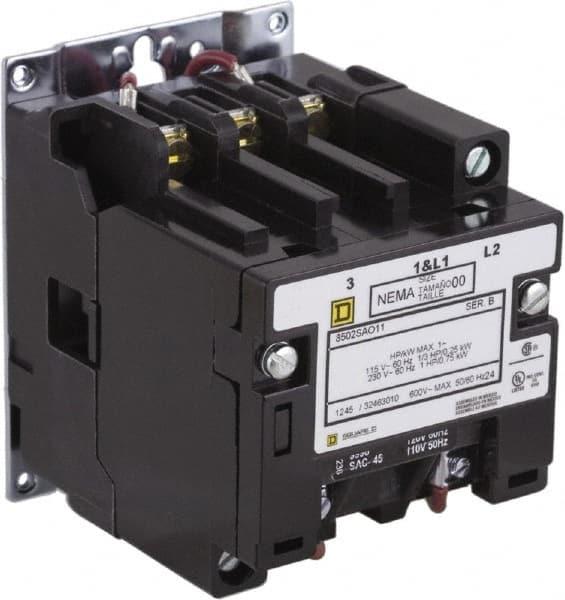 Square D - 2 Pole, 220 Coil VAC at 50 Hz, 240 Coil VAC at 60 Hz, 9 Amp NEMA Contactor - Open Enclosure, 50 Hz at 220 VAC and 60 Hz at 240 VAC - Americas Industrial Supply