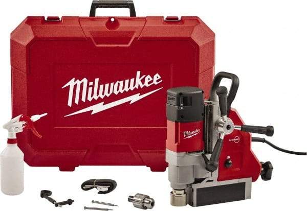 Milwaukee Tool - 1-5/8" Chuck, 5.125" Travel, Portable Electromagnetic Drill Press - 470-730 RPM, 13 Amps, 2.3 hp, 1750 Watts - Americas Industrial Supply