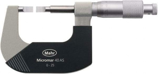 Mahr - 0" to 1" Mechanical Satin Chrome Coated Blade Micrometer - 0.0001" Graduation, 0.031" Blade Thickness, Ratchet Thimble, Rotating Spindle - Americas Industrial Supply