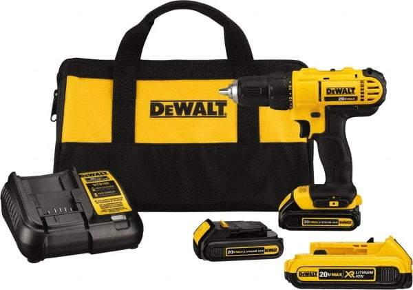 DeWALT - 20 Volt 1/2" Chuck Mid-Handle Cordless Drill - 0-450 & 0-1500 RPM, Single-Sleeve Ratcheting Chuck, Reversible, 3 Lithium-Ion Batteries Included - Americas Industrial Supply