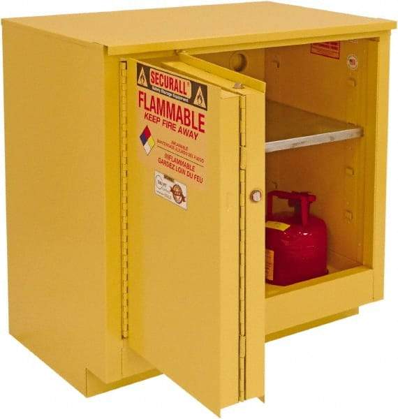 Securall Cabinets - 2 Door, 1 Shelf, Yellow Steel Under the Counter Safety Cabinet for Flammable and Combustible Liquids - 35-5/8" High x 35" Wide x 22" Deep, Sliding Door, 3 Point Key Lock, 24 Gal Capacity - Americas Industrial Supply