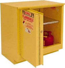 Securall Cabinets - 2 Door, 1 Shelf, Yellow Steel Under the Counter Safety Cabinet for Flammable and Combustible Liquids - 35-5/8" High x 35" Wide x 22" Deep, Sliding Door, 3 Point Key Lock, 24 Gal Capacity - Americas Industrial Supply
