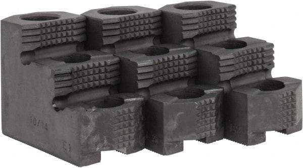 Abbott Workholding Products - 8" Max Chuck Diam Compatibility, Hard Steel 1.5mm x 60° Serrated Hard Lathe Top Jaws - 2 Steps, 14mm Groove Width, 38.1mm Wide x 80.52mm Long x 56.64mm High - Americas Industrial Supply