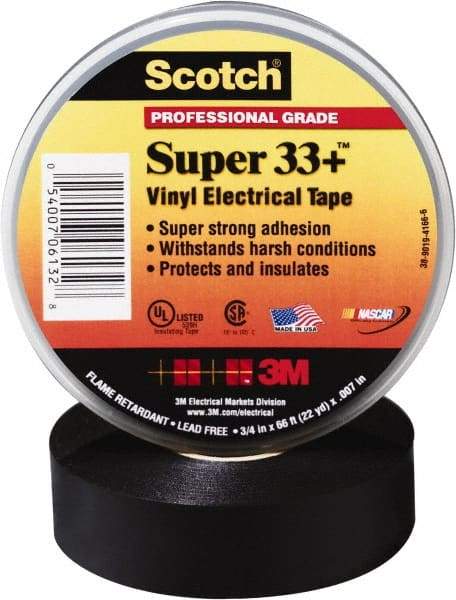 3M - 3/4" x 52', Black Vinyl Electrical Tape - Series 33+, 7 mil Thick, 1,150 V/mil Dielectric Strength, 15 Lb./Inch Tensile Strength - Americas Industrial Supply