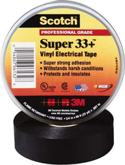 3M - 3/4" x 52', Black Vinyl Electrical Tape - Series 33+, 7 mil Thick, 1,150 V/mil Dielectric Strength, 15 Lb./Inch Tensile Strength - Americas Industrial Supply