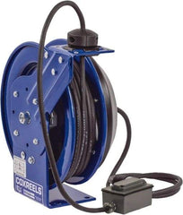 CoxReels - 12 AWG, 30' Cable Length, Cord & Cable Reel with Duplex GFCI Outlet Box End - 2 Outlets, NEMA 5-20R, 20 Amps, 115 Volts, SJO Cable, Blue Reel, Spring Driven Reel - Americas Industrial Supply