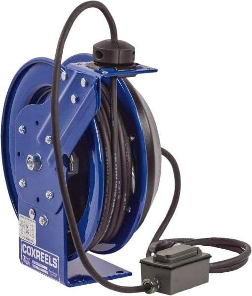 CoxReels - 12 AWG, 50' Cable Length, Cord & Cable Reel with Duplex GFCI Outlet Box End - 2 Outlets, NEMA 5-20R, 20 Amps, 115 Volts, SJO Cable, Blue Reel, Spring Driven Reel - Americas Industrial Supply