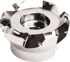Seco - 90mm Cut Diam, 27mm Arbor Hole, 4.5mm Max Depth of Cut, 45° Indexable Chamfer & Angle Face Mill - 8 Inserts, SE.. 09T3 Insert, Right Hand Cut, 8 Flutes, Through Coolant, Series QuattroMill - Americas Industrial Supply