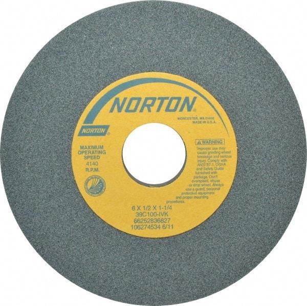 Norton - 6" Diam x 1-1/4" Hole x 1/2" Thick, I Hardness, 100 Grit Surface Grinding Wheel - Silicon Carbide, Type 1, Fine Grade, 4,140 Max RPM, Vitrified Bond, No Recess - Americas Industrial Supply