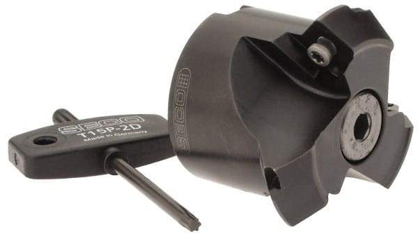 Seco - 2.05" Cut Diam, 3/4" Arbor Hole, 0.28" Max Depth of Cut, 45° Indexable Chamfer & Angle Face Mill - 3 Inserts, SPMX 12T3 Insert, Right Hand Cut, 3 Flutes, Series R220.69 - Americas Industrial Supply