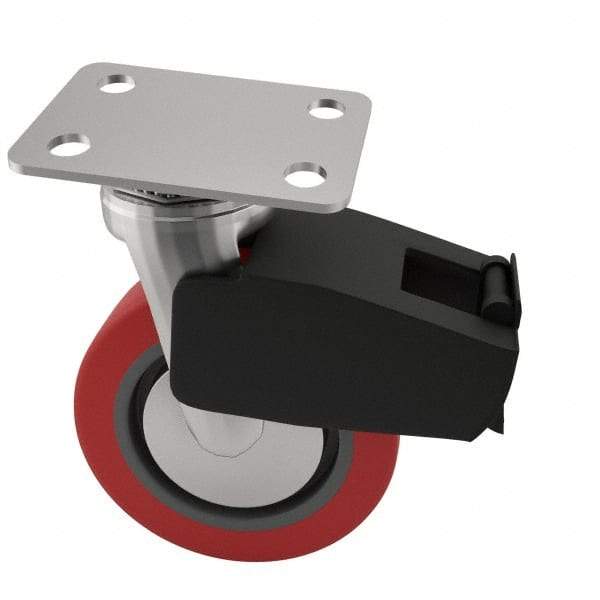 E.R. Wagner - 4" Diam x 2" Wide x 5-5/8" OAH Top Plate Mount Swivel Caster with Brake - Polyurethane, 600 Lb Capacity, Roller Bearing, 2-3/4 x 3-3/4" Plate - Americas Industrial Supply