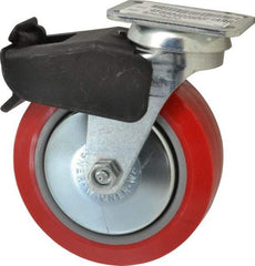 E.R. Wagner - 6" Diam x 2" Wide x 7-1/2" OAH Top Plate Mount Swivel Caster with Brake - Polyurethane, 700 Lb Capacity, Roller Bearing, 2-3/4 x 3-3/4" Plate - Americas Industrial Supply