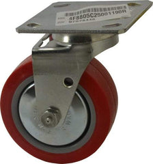 E.R. Wagner - 5" Diam x 2" Wide x 6-1/2" OAH Top Plate Mount Swivel Caster - Polyurethane, 650 Lb Capacity, Roller Bearing, 4 x 4-1/2" Plate - Americas Industrial Supply