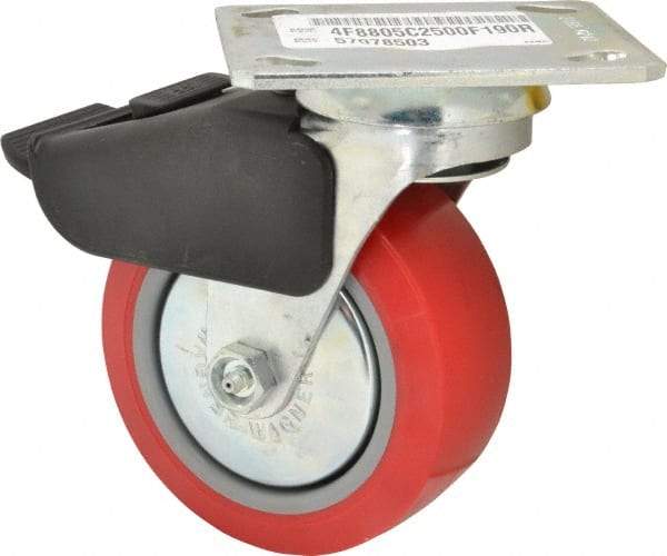 E.R. Wagner - 5" Diam x 2" Wide x 6-1/2" OAH Top Plate Mount Swivel Caster with Brake - Polyurethane, 650 Lb Capacity, Roller Bearing, 4 x 4-1/2" Plate - Americas Industrial Supply