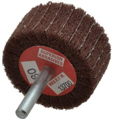 Superior Abrasives - 2" Diam x 1" Face Width, Medium Aluminum Oxide Coated Mounted Flap Wheel - 1/4" Shank Mount, 80 Grit, Interleaf, 12,000 Max RPM - Americas Industrial Supply