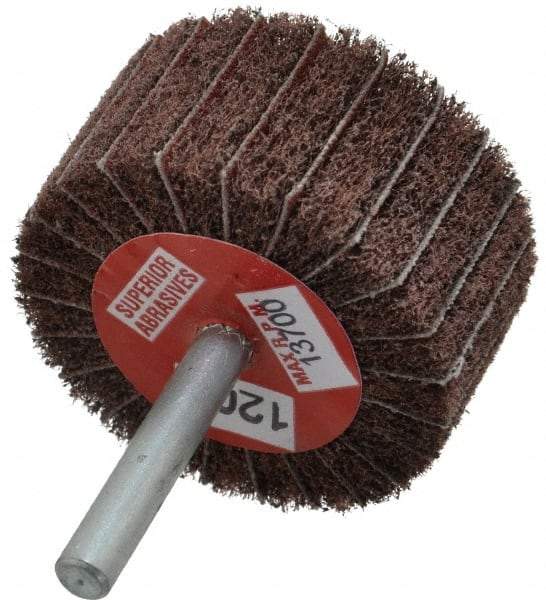 Superior Abrasives - 2" Diam x 1" Face Width, Fine Aluminum Oxide Coated Mounted Flap Wheel - 1/4" Shank Mount, 120 Grit, Interleaf, 12,000 Max RPM - Americas Industrial Supply