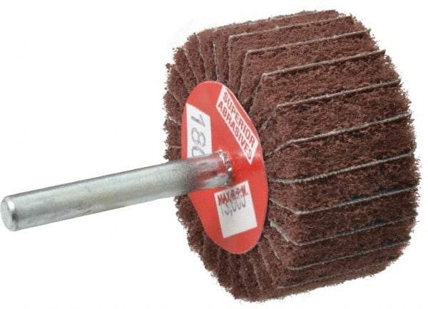 Superior Abrasives - 2" Diam x 1" Face Width, Very Fine Aluminum Oxide Coated Mounted Flap Wheel - 1/4" Shank Mount, 180 Grit, Interleaf, 12,000 Max RPM - Americas Industrial Supply
