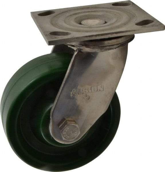 Albion - 5" Diam x 2" Wide x 6-1/2" OAH Top Plate Mount Swivel Caster - Polyurethane, 1,000 Lb Capacity, Delrin Bearing, 4 x 4-1/2" Plate - Americas Industrial Supply