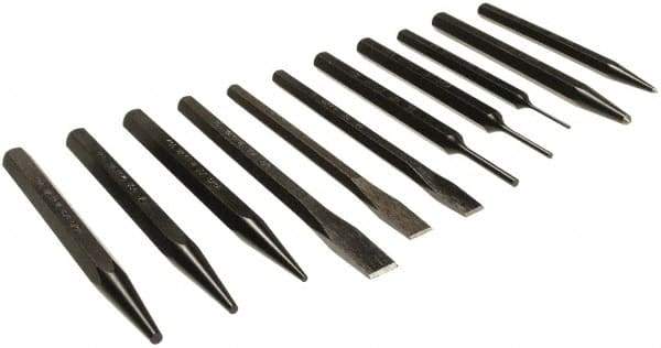 Mayhew - 11 Piece Punch & Chisel Set - 1/4 to 3/8" Chisel, 1/16 to 1/4" Punch, Hex Shank - Americas Industrial Supply