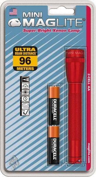 Mag-Lite - Krypton Bulb, 14 Lumens, Mini Flashlight - Red Body, 2 AA Alkaline Batteries Included - Americas Industrial Supply