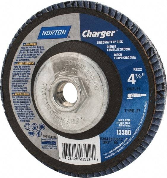Norton - 60 Grit, 4-1/2" Disc Diam, 5/8-11 Center Hole, Type 27 Zirconia Alumina Flap Disc - 13,000 Max RPM, Fiberglass Backing, Arbor Attaching System, Coated - Americas Industrial Supply