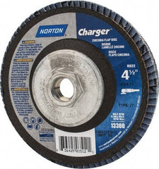 Norton - 60 Grit, 4-1/2" Disc Diam, 5/8-11 Center Hole, Type 27 Zirconia Alumina Flap Disc - 13,000 Max RPM, Fiberglass Backing, Arbor Attaching System, Coated - Americas Industrial Supply