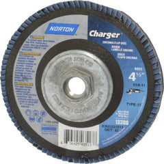 Norton - 40 Grit, 7" Disc Diam, 5/8-11 Center Hole, Type 27 Zirconia Alumina Flap Disc - 8,600 Max RPM, Fiberglass Backing, Arbor Attaching System, Coated - Americas Industrial Supply