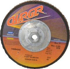 Norton - 40 Grit, 7" Disc Diam, 5/8-11 Center Hole, Type 27 Zirconia Alumina Flap Disc - 8,600 Max RPM, Fiberglass Backing, Coated - Americas Industrial Supply