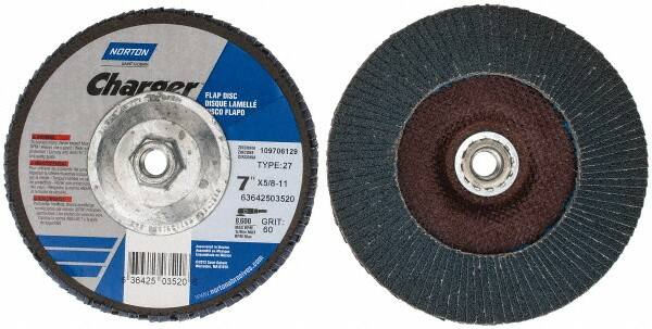 Norton - 60 Grit, 7" Disc Diam, 5/8-11 Center Hole, Type 27 Zirconia Alumina Flap Disc - 8,600 Max RPM, Fiberglass Backing, Coated - Americas Industrial Supply