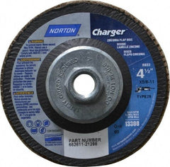 Norton - 60 Grit, 4-1/2" Disc Diam, 5/8-11 Center Hole, Type 29 Zirconia Alumina Flap Disc - 13,000 Max RPM, Fiberglass Backing, Arbor Attaching System, Coated - Americas Industrial Supply