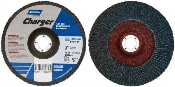 Norton - 40 Grit, 7" Disc Diam, 7/8" Center Hole, Type 27 Zirconia Alumina Flap Disc - 8,600 Max RPM, Fiberglass Backing, Coated - Americas Industrial Supply