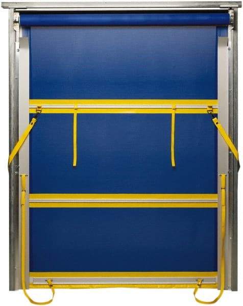 TMI, LLC - 10' Door Width x 10' Door Height PVC Mesh Bug Screen & Spring Loaded Manuel (Style) Roll Up Dock Screen - Blue/Yellow - Americas Industrial Supply