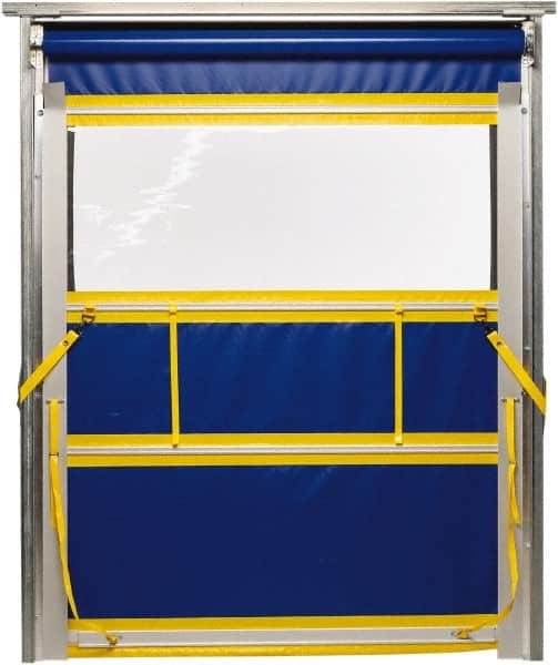 TMI, LLC - 10' Door Width x 12' Door Height PVC Solid with Vision Panel & Spring Loaded Manual (Style) Roll Up Dock Screen - Blue/Yellow/Clear - Americas Industrial Supply