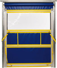 TMI, LLC - 10' Door Width x 12' Door Height PVC Solid with Vision Panel & Spring Loaded Manual (Style) Roll Up Dock Screen - Blue/Yellow/Clear - Americas Industrial Supply