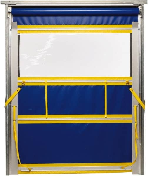 TMI, LLC - 6' Door Width x 8' Door Height PVC Solid with Vision Panel & Spring Loaded Manual (Style) Roll Up Dock Screen - Blue/Yellow/Clear - Americas Industrial Supply