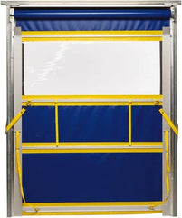 TMI, LLC - 6' Door Width x 8' Door Height PVC Solid with Vision Panel & Spring Loaded Manual (Style) Roll Up Dock Screen - Blue/Yellow/Clear - Americas Industrial Supply