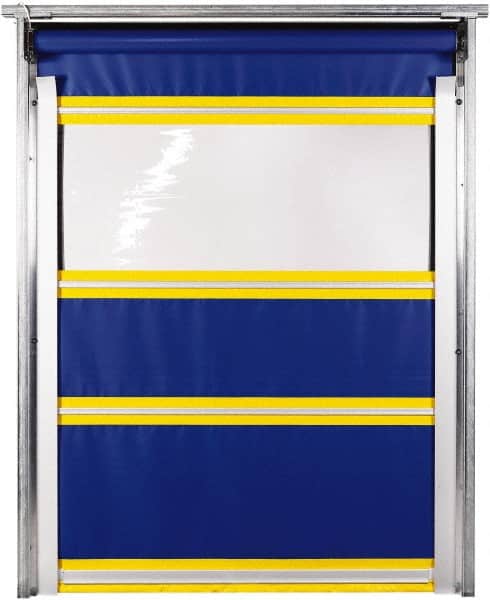 TMI, LLC - 12' Door Width x 12' Door Height PVC Solid with Vision Panel & In-Tube Motorized (Style) Roll Up Dock Screen - Blue/Yellow/Clear - Americas Industrial Supply