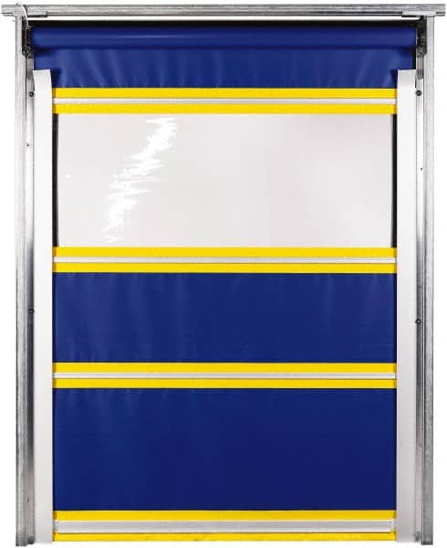 TMI, LLC - 10' Door Width x 12' Door Height PVC Solid with Vision Panel & In-Tube Motorized (Style) Roll Up Dock Screen - Blue/Yellow/Clear - Americas Industrial Supply