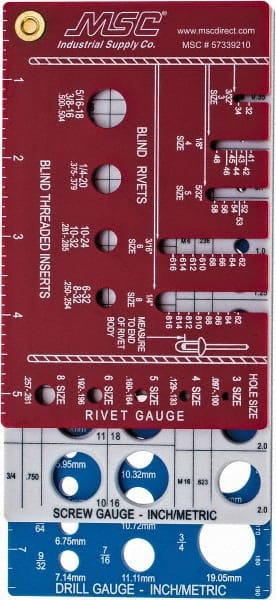 BoltSize-It - 0.06 to 3/4 Inch, Plastic, Inch and Metric Thread Screw Checker - 3 Leaves, 16 Thread per Inch, Rivet Gauge; Screw Gauge; Drill Gauge - Americas Industrial Supply