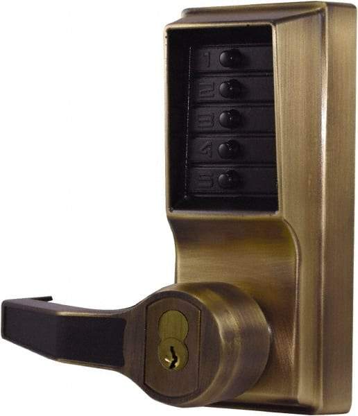 Kaba Access - Pushbutton Lock with Interchangeable Core Lever Lockset for 1-3/8 to 2-1/4" Thick Doors - 2-3/4" Back Set, 6 or 7 Pin Length Best & Compatible (Core Not Included) Cylinder, Antique Brass Finish - Americas Industrial Supply
