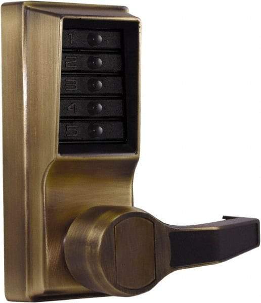 Kaba Access - Pushbutton Lock Lever Lockset for 1-3/8 to 2-1/4" Thick Doors - 2-3/4" Back Set, Nonkey Override Cylinder, Antique Brass Finish - Americas Industrial Supply