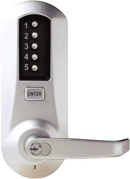 Kaba Access - Combination Entry Lever Lockset with Key Override - 2-3/4" Back Set, No Cylinder, Zamak3, Satin Chrome Finish - Americas Industrial Supply