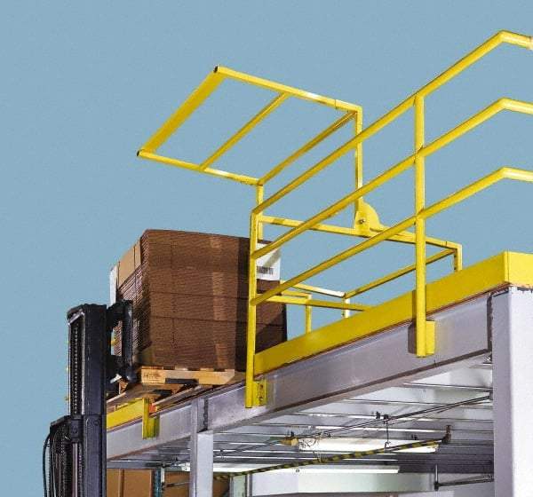 FabEnCo - Powder Coated Carbon Steel Rail Safety Gate - Fits 113W x 42H" Clear Opening, 1-1/2" Wide x 80" Door Height, 244 Lb, Yellow - Americas Industrial Supply