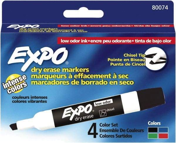 Expo - Black, Blue, Green & Red Low Odor Chisel Tip 4 Pack Dry Erase Markers - For Use with Dry Erase Marker Boards - Americas Industrial Supply